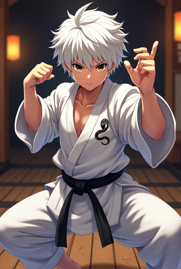 Boy 22 years anime old with white hair and dark eyes, wearing a karate kimono with the symbol of a snake drawn on the right side of the chest in a fighting pose
