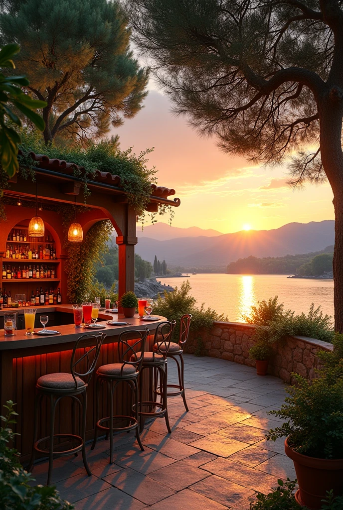 Create me a chill spot like that in a villa in Italian style, There's a bar outside. Drinking cocktails for example plus a pool in front of it and a super beautiful sunset on the lake. Without a pool
