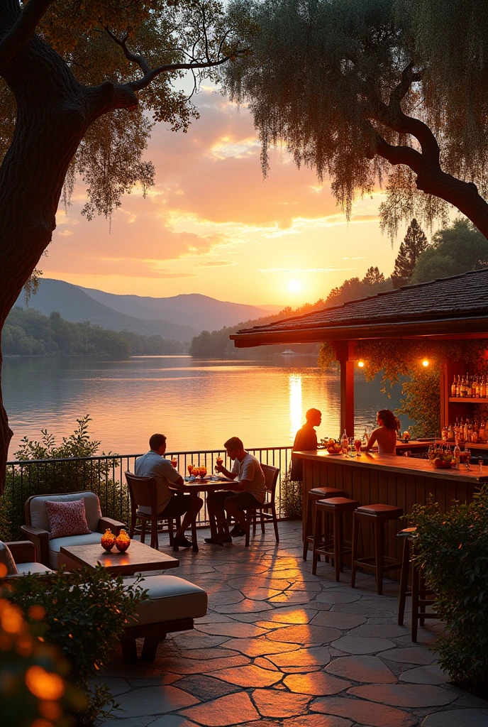 Create me a chill spot like that in a villa in Italian style, There's a bar outside. Drinking cocktails for example plus a pool in front of it and a super beautiful sunset on the lake. Without a pool 