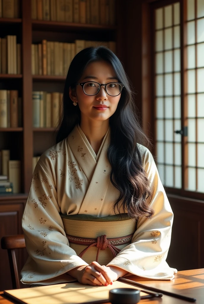 Please draw a woman who is a tutor like Murasaki Shikibu.。A long-haired woman with black hair wearing intelligent and Japanese-style glasses。A mom in her late 30s。