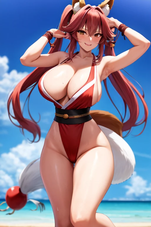 masterpiece, best quality, beautiful art, high resolution, well formed hands, body and fingers, 1 woman, solo, Tamamo No Mae, fox ears and fox tail,31 years old, red makeup, red lipstick,adult, grown up,  cosplaying as Mai Shiranui , mai_shiranui_cosplay, adult, large and big breasted, cleavage, full body , hair ribbon, gorgeous legs and, thighs, sexy Japanese clothes, hair ornament , sexy and bare legs , hips and thighs, panties peek, dancing seductively and erotically, turning backwards and forwards, showing her back and front, shaking her body alluringly, red t back thong, smiling joyfully, sweating ,looking at the viewer, bouncing breasts, sweating, flirting, biting her lips, beach environment 