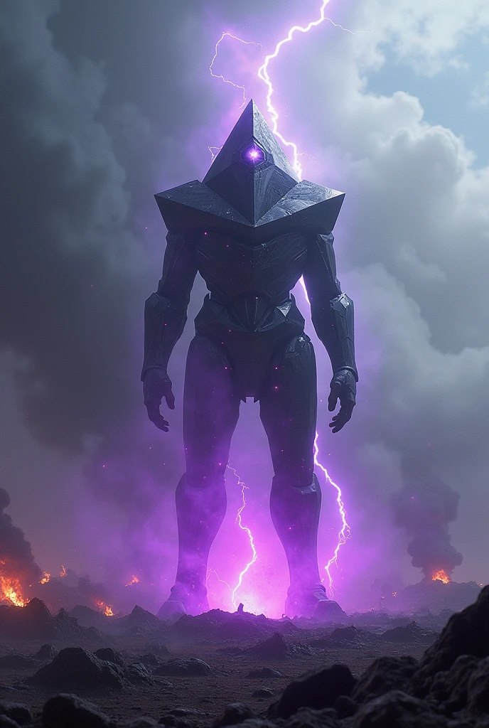 purple energy, jet-black crystal-like jagged bodied triangle shaped mechanoid with no legs