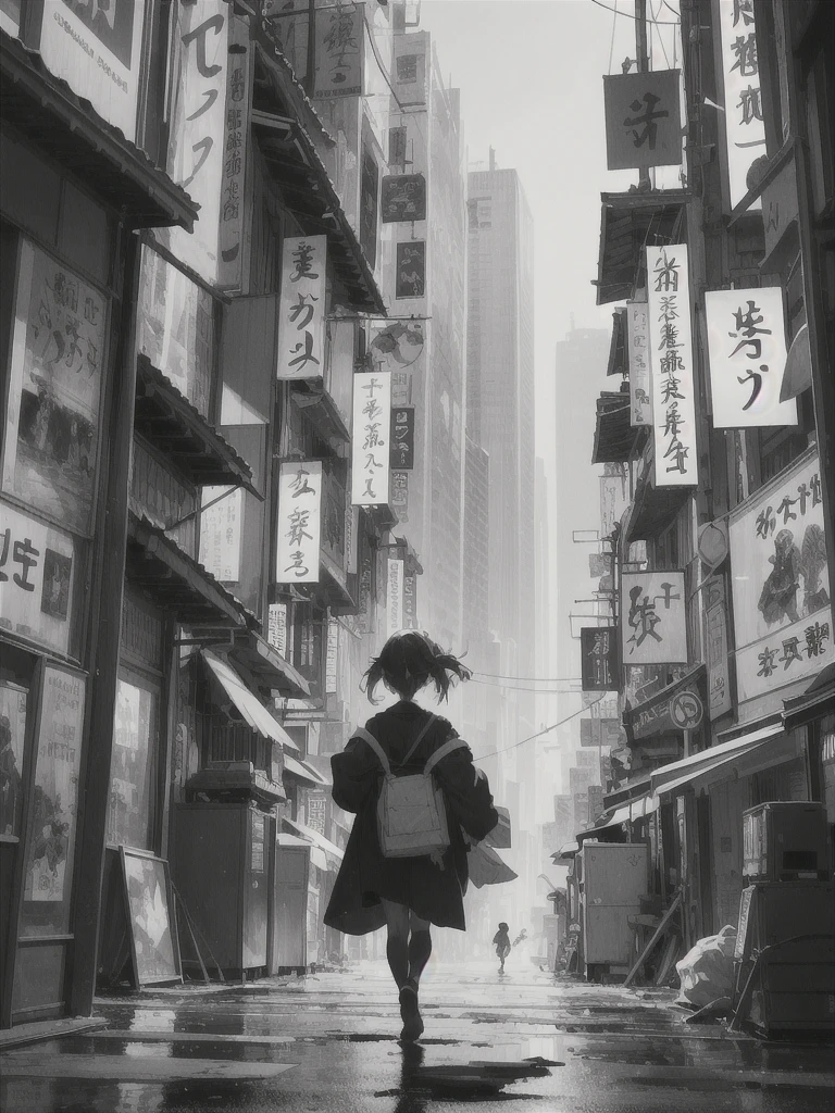 A girl in a chaotic, high resolution, ultra-detailed scene, (1girl:1.3), deconstructing, minimalist design, clean lines, simple shapes, focus on composition and balance, agent of chaos capturing disorder, possessing power to disrupt order, spreading chaos, succeeding in unpredictable situations, shot in dark environment with minimal lighting to capture subtle details and atmosphere of the scene, cityscape featuring towering buildings, bustling streets, dynamic atmosphere, children playing with innocence, energy, wonder and curiosity, inspired by the beauty of Japanese ukiyo-e, delicate linework, flat colors, emphasis on patterns and composition.