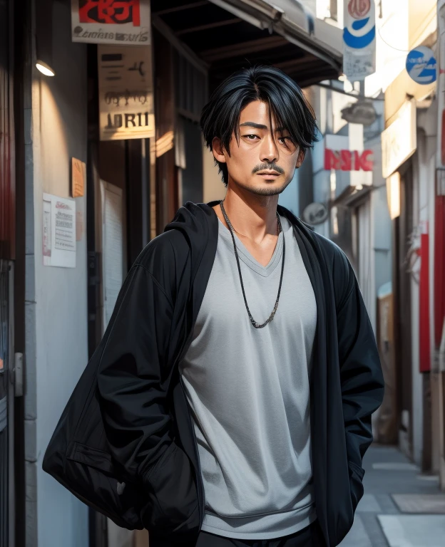 "A 40-year-old Japanese man with an average face, not unattractive but not overly handsome either. He has a slim build and black hair. He is wearing a stylish gray zip-up hoodie with English text on it, and underneath, a fashionable T-shirt. The image is taken from the front, and his appearance reflects someone who might have been a bit wild in his younger days."