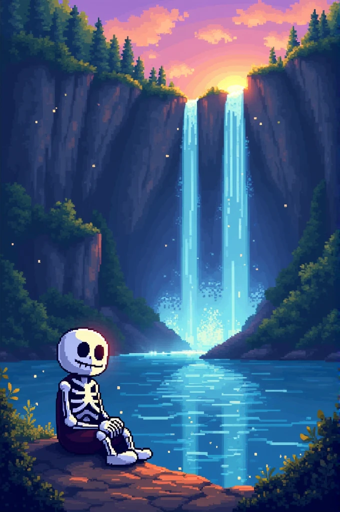 Undertale waterfall pixel art with sans sitting by a lake