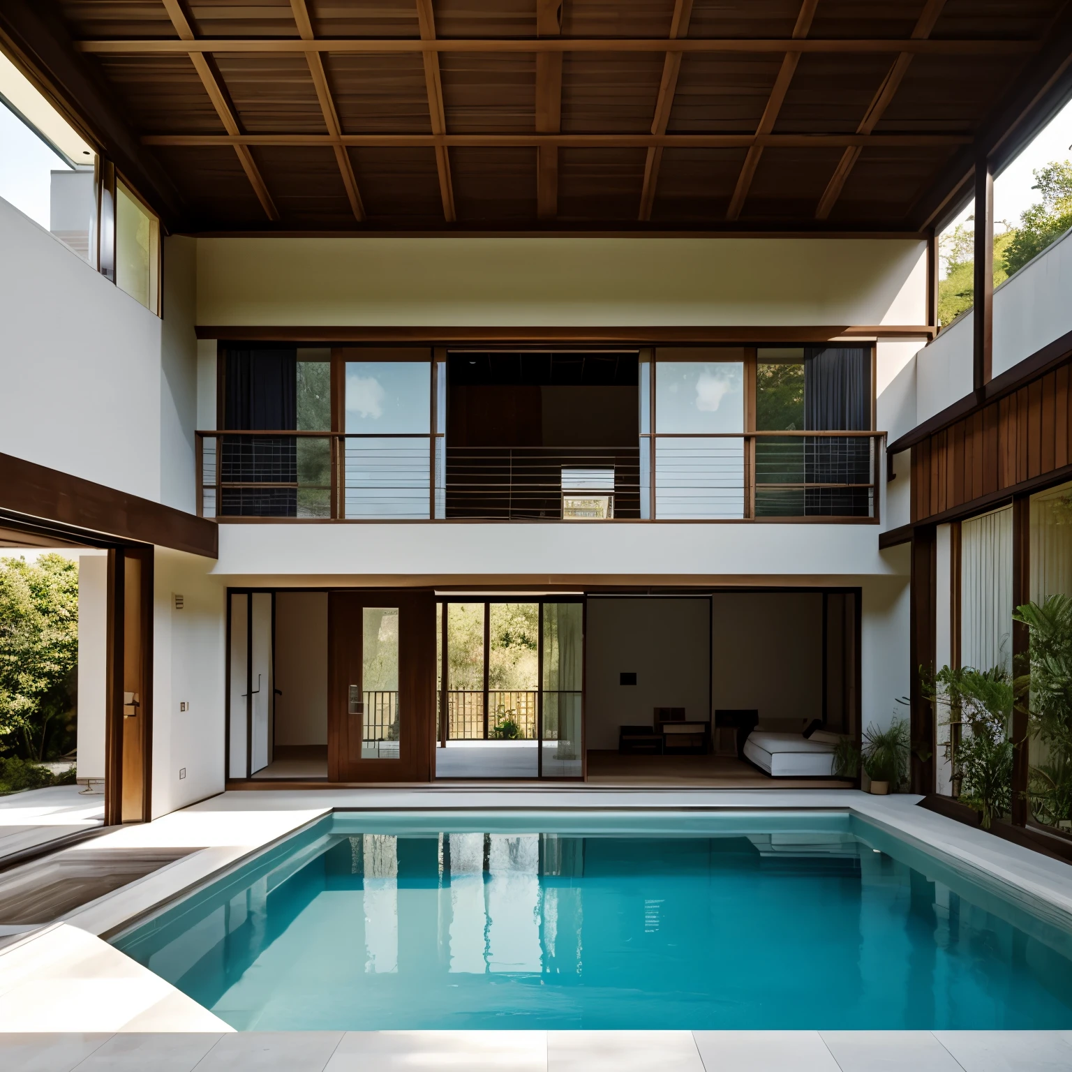 Floor plan of a modern, airy house with a swimming pool in wabi-sabi style 