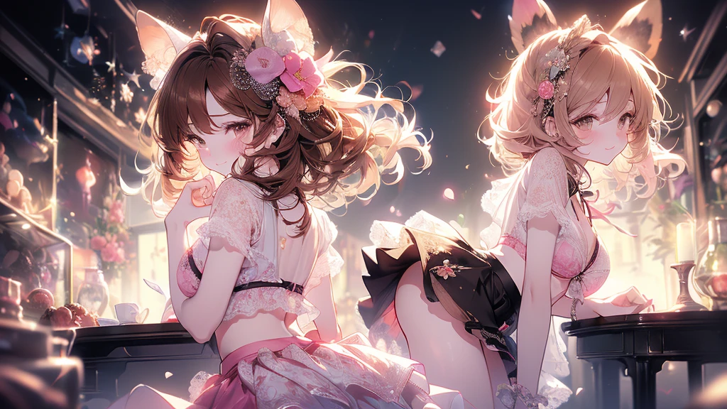 ((Tabletop, Highest quality, High resolution, Hmph, Pixel perfect, 4K, Hmph, Hmph))), One Girl, single, alone, Beauty、The whole body is visible、 ((Mid-wave hair, bangs, Brown Hair)), ((Brown eyes, Beautiful eyelashes, Realistic eyes)), ((Detailed face, blush:1.2)), ((Smooth texture:0.75, Realistic texture:0.65, Realistic:1.1, Anime CG style)), Medium chest, Dynamic Angle, Perfect body, ((school uniform, White shirt, Black Skirt, Unbuttoned shirt、(No good、See-through nipples)、Checked skirt、)), 人がいないclassroom、classroom、evening、((On all fours、look back、Sideways Breasts))、Very embarrassing panic smile、(Lift up your skirt with your right hand、Rub your chest with your left hand、pink floral lace panties)、、(Cute floral bra)、