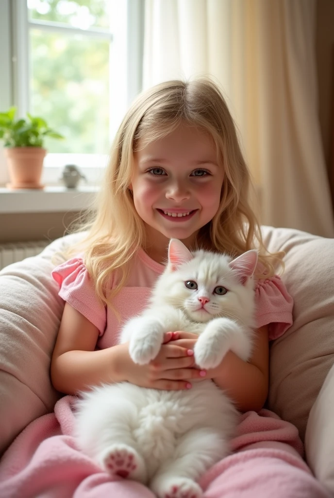 A very cute cute white and pink big kitten meowing, beautiful indoor photo in the background, focus image on the kitten, a blonde   in pink Sitting in a gown with a cat in her lap