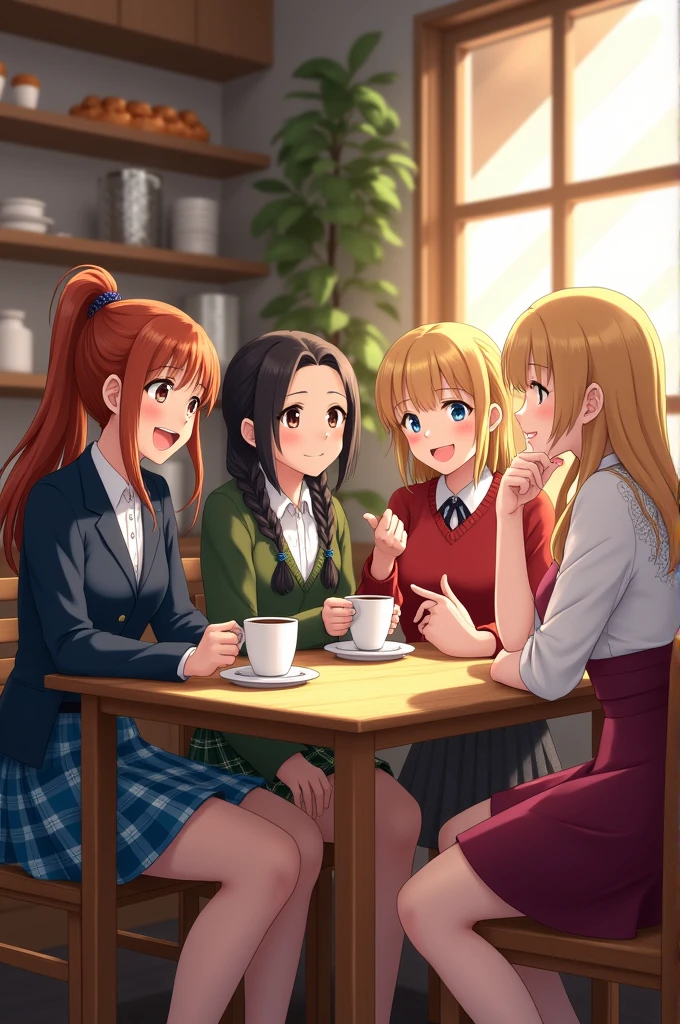 A four beautiful girls wearing different school uniforms, seated in a cafe. They are talking, smiling, and holding their cafe. Each girl should have a scene focused on them