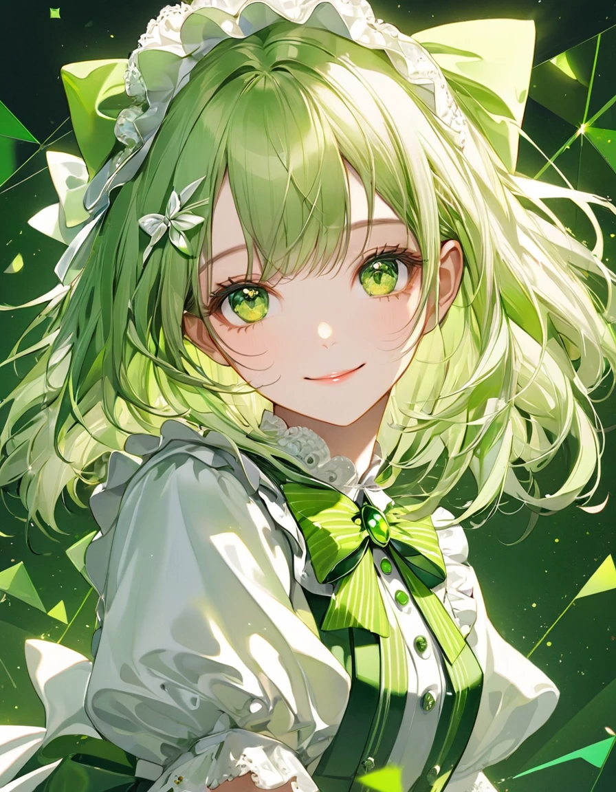 (digital art:0.2),(geometric art:1.3),(top-quality),(masterpiece)(1 girl),(girl holding the clear yellow-green gemstone),Delicately drawn face,girl with a pretty face,beautiful detailed green eyes,green and white lolita fashion,((green and white costume)),white skirt,(Beautiful silky green hair:1.2),white ribbon hair ornament,Film Lighting,abstract,a beautiful artistic illustration,green geometric background,(green mosaic),shy smile,cowboy shot
