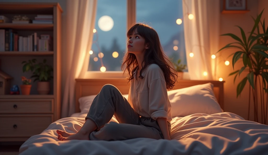 Animated 3d render An 22 year old girl   brown hair sitting on her bed and looking up 
and thinking at night  animated ,3d render  wearing trouser shirt 3d render 