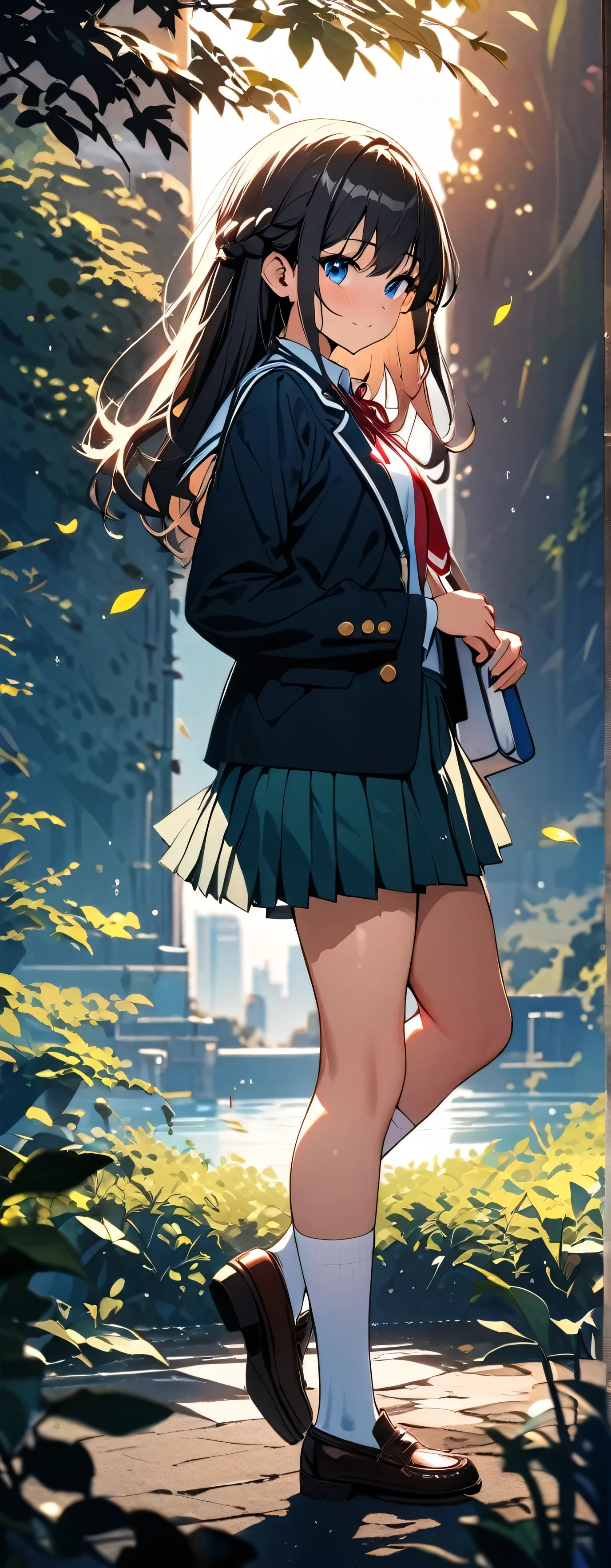 15 years old, (beautiful girl: 1.3),1girl,masterpiece, Highest quality, Ultra-high resolution,Rich contrast,super high quality,8k,Highly detailed CG unit wallpaper,Ultra-high resolution,RAW Photos, Depth of Field 1.2,overlooking,(magnificent panorama view:1.3),(High School Uniform&Pleated skirt:1.5),Black Hair,Crown braid,Ultra-detailed eyes,loafers,leaves dripping with rain,sunlight through trees,post-rain aroma