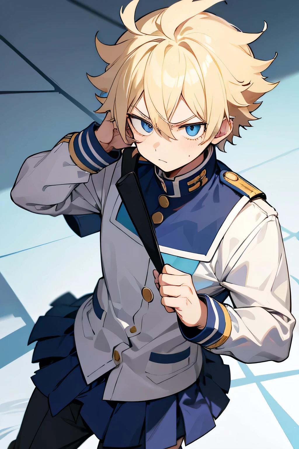 1boy, blonde hair, blue eyes, messy hair, short hsir, UA high uniform, my hero academia uniform, school uniform, serious, talking