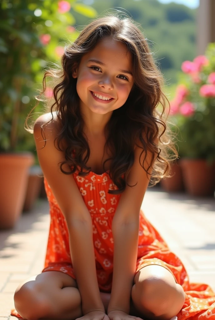 A brunette girl with curly hair and big breasts sits with her legs stretched out, taking a realistic photo