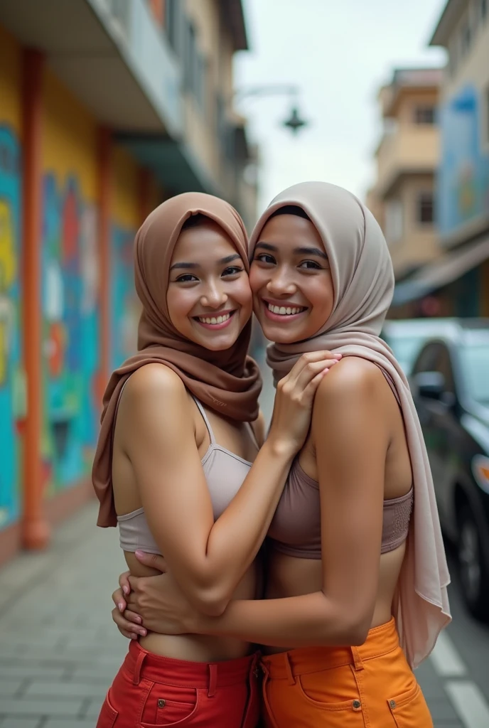 two indonesian hijab lesbian girl,bra only and short pants only,hugging,kissing,realistic,hd details,look to the viewer