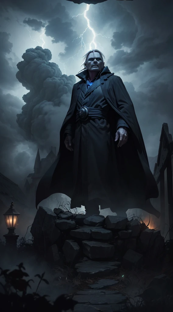 An old, menacing sorcerer with long grey hair, a dark robe, and glowing eyes stands on a high cliff overlooking a terrified village. The sky above is stormy with dark clouds swirling and crackling with lightning. Ghostly spirits hover menacingly in the air around him, drifting toward the village below. The sorcerer, with his hands raised, looks powerful and sinister as the villagers run in fear from the unleashed storms and spirits (detailed face) (ultrarealistic) (8k, best quality)