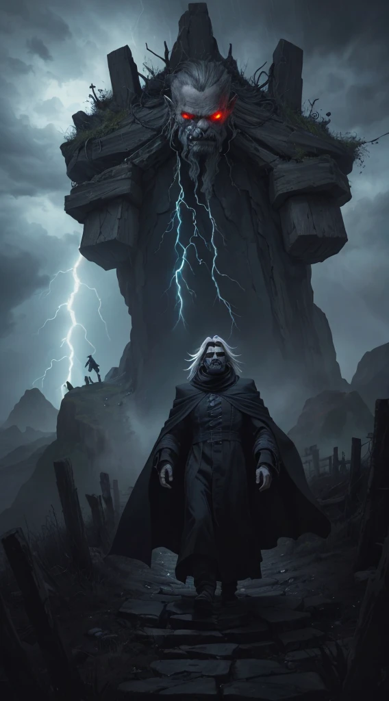 An old, menacing sorcerer with long grey hair, a dark robe, and glowing eyes stands on a high cliff overlooking a terrified village. The sky above is stormy with dark clouds swirling and crackling with lightning. Ghostly spirits hover menacingly in the air around him, drifting toward the village below. The sorcerer, with his hands raised, looks powerful and sinister as the villagers run in fear from the unleashed storms and spirits (detailed face) (ultrarealistic) (8k, best quality)