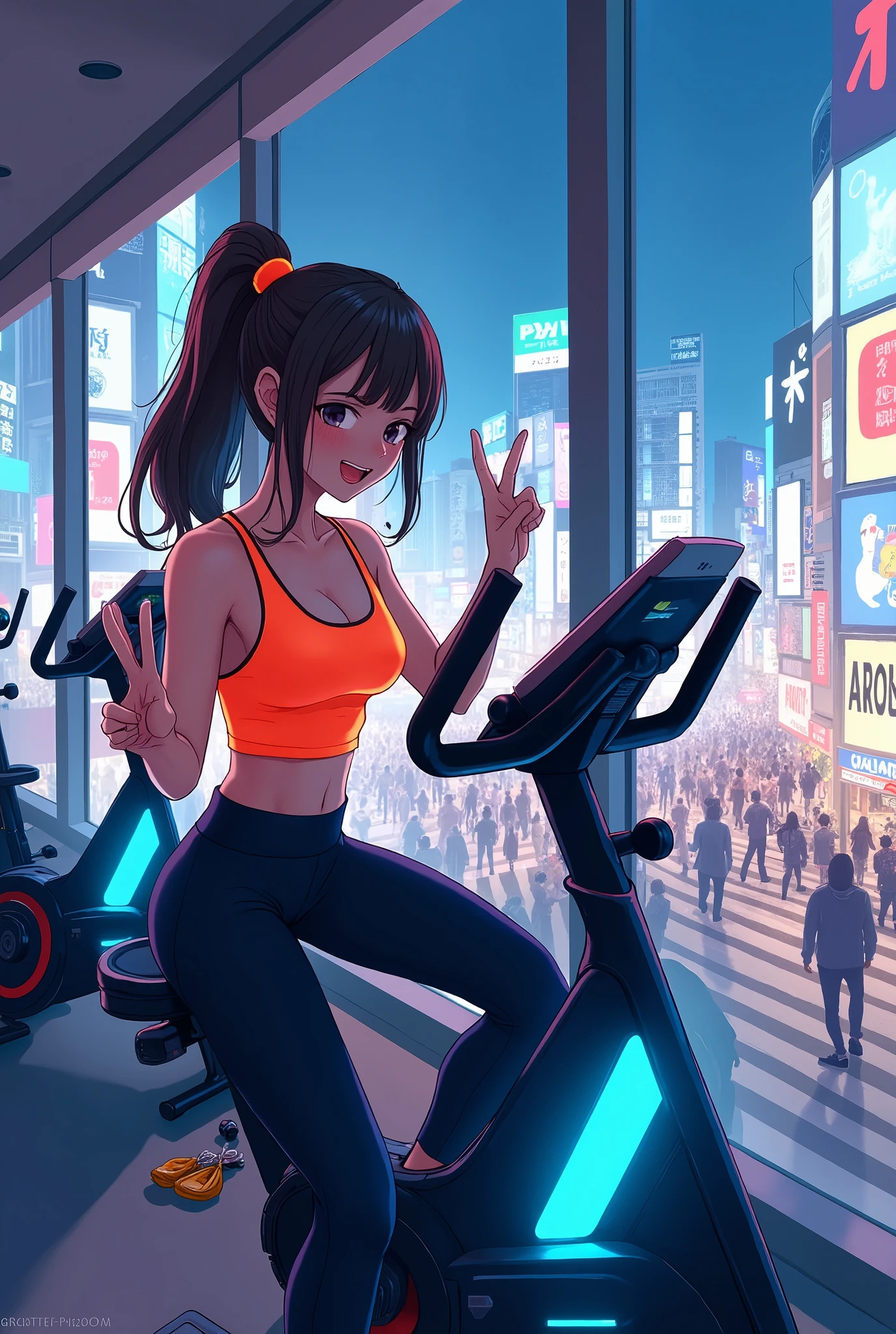 illustration of a beautiful girl working out on an upright bike placed by the window in a fitness gym on the 10th floor, smiling and making a peace sign, wearing a tight fluorescent orange tank top and spats, the upright bike emits an overall neon blue light, futuristic Outside the window is a view of the Shibuya scramble crossing with many people passing by, cinematic lighting,
intricate detailed training wear,.