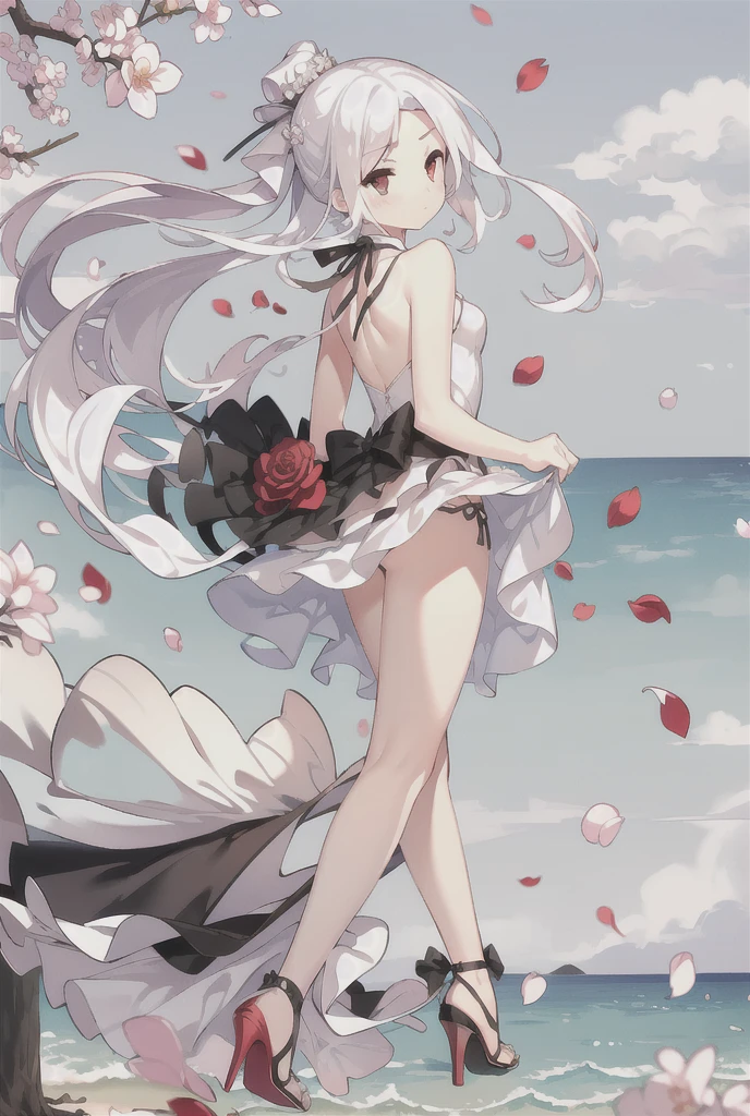 Vittorio_Veneto \(warship girls r\),((masterpiece)),(((best quality))),((ultra-detailed)),((illustration)),((disheveled hair)),((frills)),(1 girl),(solo),1girl,bangs,blue sky,blush,bridal veil,cherry blossoms,cloud,cloudy sky,confetti,day,dress,earrings,eyebrows visible through hair,falling petals,flower,hair between eyes,hair ornament,high heels,jewelry,leaves in wind,short hair,looking at viewer,looking back,ocean,open mouth,outdoors,petals,petals on liquid,ponytail,red eyes,rose petals,shoes removed,sidelocks,silver hair,single shoe,sky,soles,solo,splashing,tiara,tree,underwear,veil,water,wedding dress,white dress,Rating:safe,foreshortening,Red eyes with highlights,White short hair(delicate eyes),twintails,