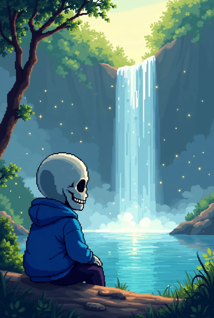 Undertale waterfall pixel art with sans firm undertale sitting by a lake
