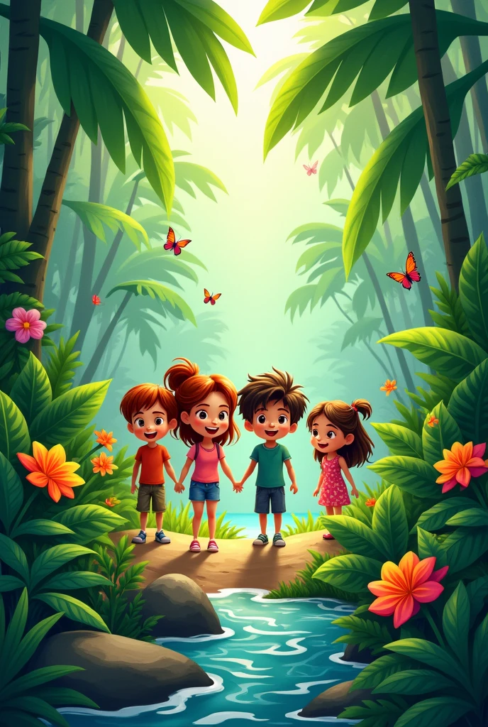for friends go in jungle 3rd Cartoon style 2 girls 2boyes