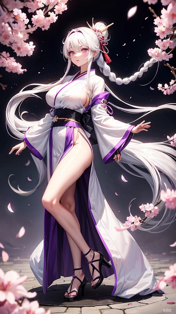 Girl, , fair skin, long white hair braided in one ponytail, purple eyes, white yukata with open legs and sakura petals, slender, beautiful legs, black belt, black gloves, purple sakura flowers, purple long cloak, detailing,  perfect, red and black bracelets on the legs and arms, wooden shoes with thick high heels, kitsune, kanzashi, big breasts, big butt, headband under the hair