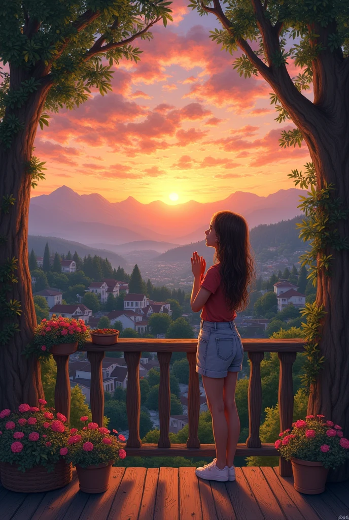 painting where in theres a teen age girl watching sunset and praying from a balcony and theres neighborhood down there, 1 tree from both sides and mountain from afar 