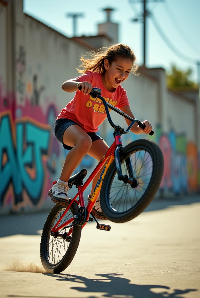 A young girl doing BMX freestyle tricks:1.2, big smile, showcasing her skills and passion, detailed face and expression, athletic body, dynamic motion, colorful BMX bike, outdoor urban setting, vibrant colors, cinematic lighting, photorealistic, highly detailed, 16k, masterpiece, dynamic angle