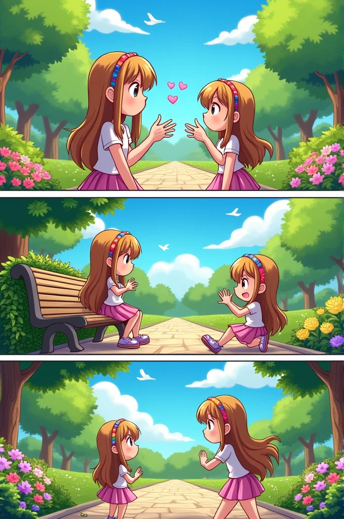 Generate an image of this comis strips with two same girls in a cartoon style
 
Slide 1:
 
Panel 1: Person A and Person B are standing facing each other in a park.
 
Slide 2:
 
Panel 1: Person A and Person B are sitting on a bench, continuing their conversation.

Slide 3:
 
Panel 1: Person A and Person B are walking along a path in the park.
  
Slide 4:
 
Panel 1: Person A and Person B are now parting ways, waving goodbye.
 