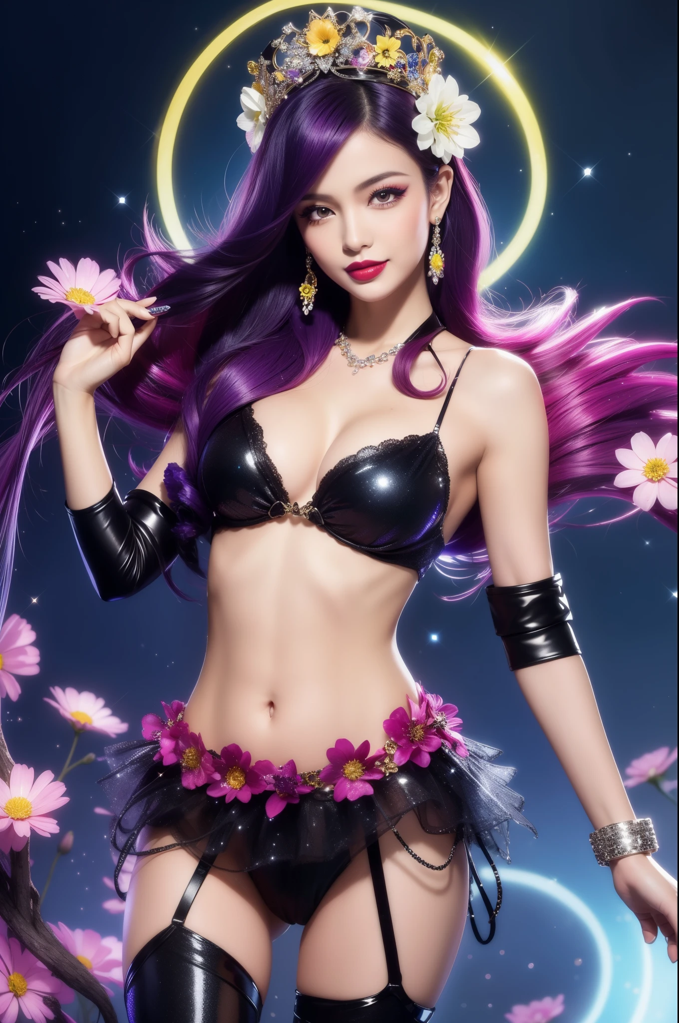 sexy Brazilian model who controls poison、sexy smile、lipgloss、bold lipstick、intense makeup、look at the camera、full body Esbian、、sparkling poisoned flower costume、、、、sparkling Colorful hair、secrete poison、skull hair accessories、sexy tights、shiny sparkling flowers background