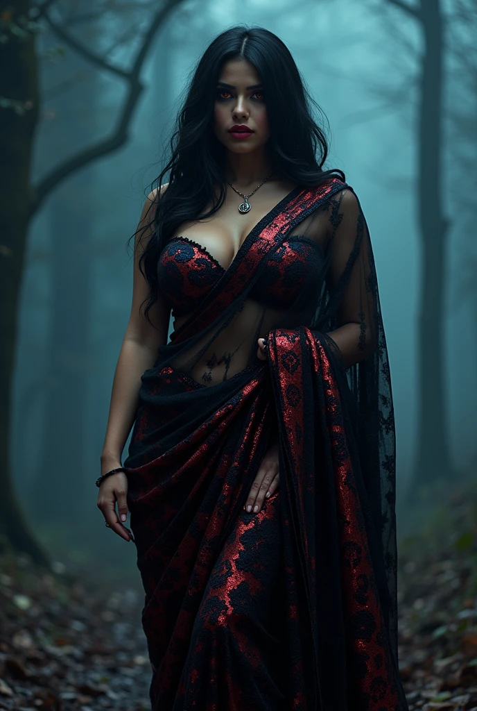 Looks like Aparna Dixit, full body Closeup shot, Big chubby aunty, milf, cougar lady witch, horny Gothic milf, 70 years old gorgeous mature lady, pervert demoness, demoness of lust, curvy, black lips, horny face, extremely gorgeous, thick figure, heavy physique, voluptuous, curvy, sexy figure, Fashionable portrait of androgynous alien looking witch wearing veil, glowing eyes, futuristic design, minimal details, givenchy, photoreal, 200mm, hd, f/ 2.0, highly detailed, surreal, sexy beautiful evil woman, sexy bold sequin Saree with strapless Bra, chudail, Pishachini, horror genre, blood-thirsty enchantress, powerful female spirit, eerie, drop dead, in the style of red and blue, (intricate details, hyperdetailed:1.15) (skin texture:1.2), dark Moody tone, cinematic lighting, haunted place in background,