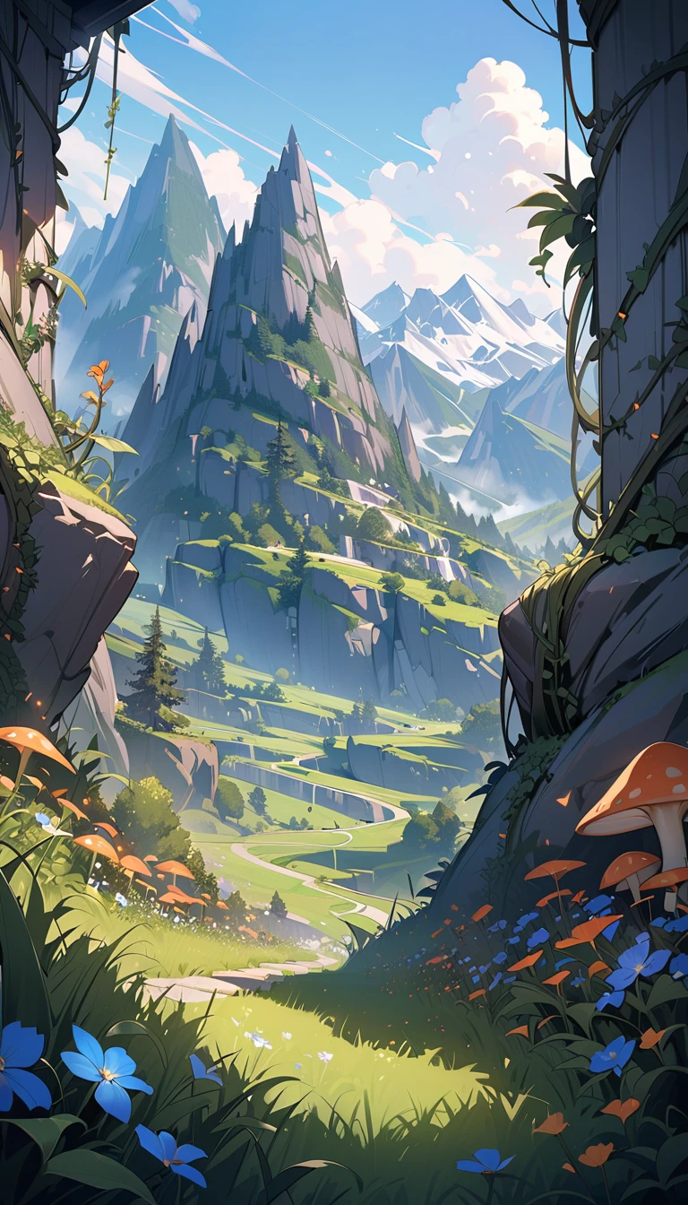 ((best quality)) , ((masterpiece)) , (detailed),flower, outdoors, horns, sky, day, blue sky, no humans, glowing, grass, plant, mountain, fantasy, vines, mushroom