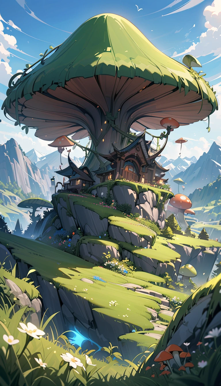 ((best quality)) , ((masterpiece)) , (detailed),flower, outdoors, horns, sky, day, blue sky, no humans, glowing, grass, plant, mountain, fantasy, vines, mushroom