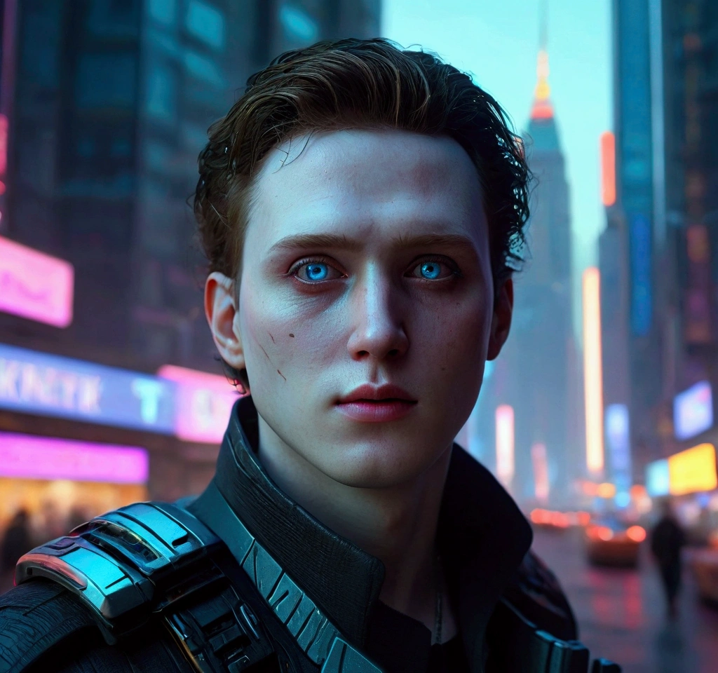 (((ultra realistic))) Photo, masterpiece, top quality, (pale skin), (Ultra detailed face and eyes:1.3), 1 man, a lone gunman in a futuristic cyberpunk city, detailed cinematic lighting, dramatic atmosphere, dark sinister cityscape, neon glowing lights, high tech skyscrapers, moody colors, cinematic composition, hyper-realistic, ultra-detailed, 8k, photorealistic, award winning artwork, masterpiece, 