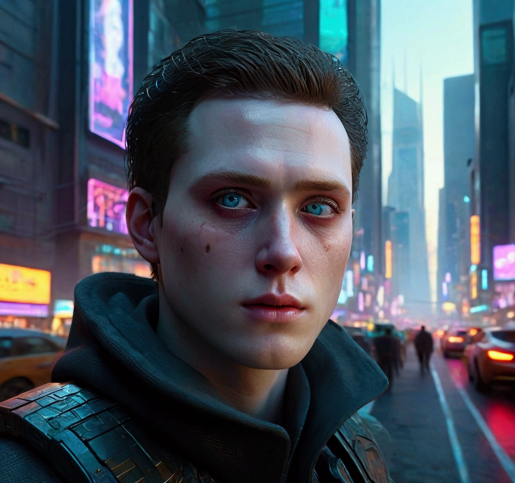 (((ultra realistic))) Photo, masterpiece, top quality, (pale skin), (Ultra detailed face and eyes:1.3), 1 man, a lone gunman in a futuristic cyberpunk city, detailed cinematic lighting, dramatic atmosphere, dark sinister cityscape, neon glowing lights, high tech skyscrapers, moody colors, cinematic composition, hyper-realistic, ultra-detailed, 8k, photorealistic, award winning artwork, masterpiece, 