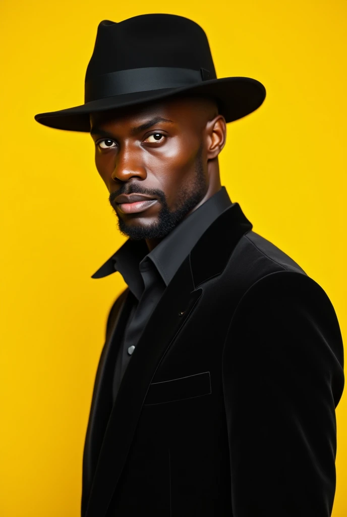 man in black suit, bonitas, in black hat, YELLOW BACKGROUND DETAILED MOUTH AND DETAILED EYES, without hair/scrached