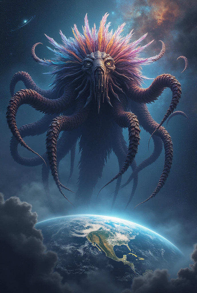 a monster full of tentacles and feathers with galactic proportions swallowing planet Earth