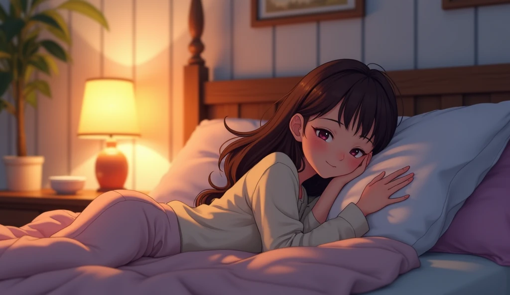Animated 3d render An 22 year old girl brown hair ready for sleep lamp is on at night animated ,3d render wearing trouser shirt 3d render