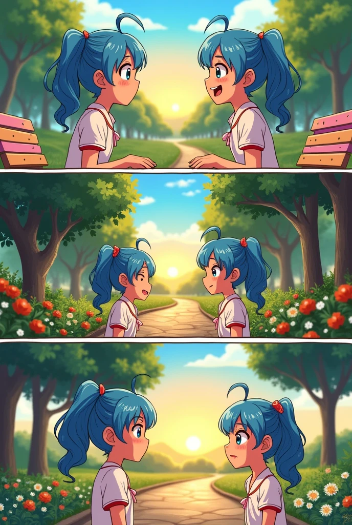 Generate an image of this comis strips with two same girls in a cartoon style
Slide 1:
Panel 1: Person A and Person B are standing facing each other in a park.
Slide 2:
Panel 1: Person A and Person B are sitting on a bench, continuing their conversation.
Slide 3:
Panel 1: Person A and Person B are walking along a path in the park.
Slide 4:
Panel 1: Person A and Person B are now parting ways, waving goodbye.