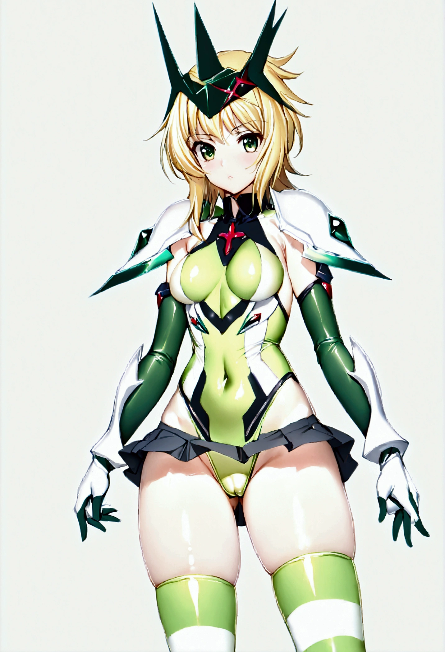 1girl, Kirika Akatsuki, short hair, blonde hair, thighhighs, gloves, striped thighhighs, green eyes, elbow gloves, leotard, headgear, skirt, covered navel, green leotard, skin tight, armor, shoulder armor, shiny clothes, panties, medium breasts 