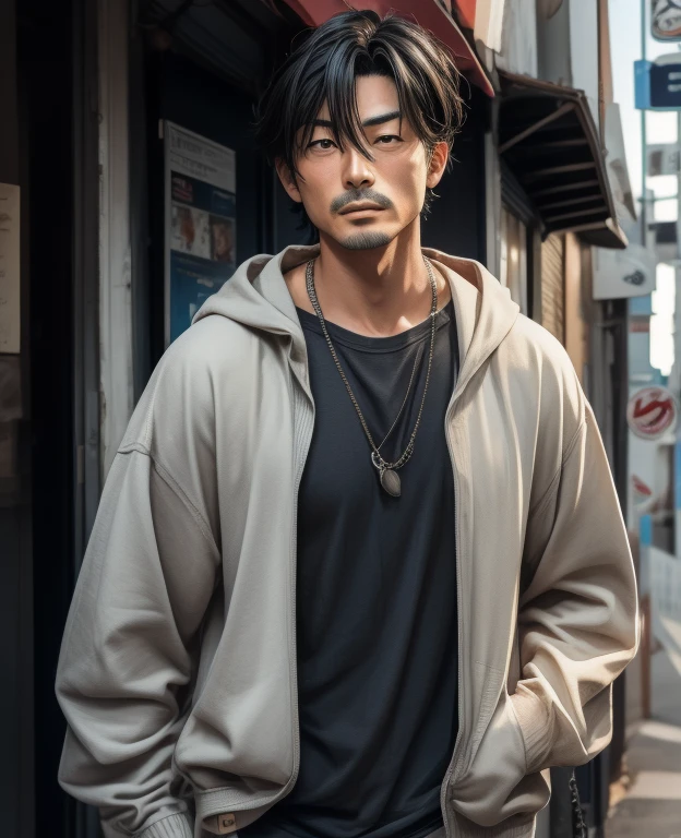 "A realistic image of a 40-year-old Japanese man with no facial hair. He has an average face, not unattractive but not overly handsome either. He has a slim build and black hair. He is wearing a stylish gray zip-up hoodie with English text on it, and underneath, a fashionable T-shirt. The image is taken from the front, and his appearance reflects someone who might have been a bit wild in his younger days."