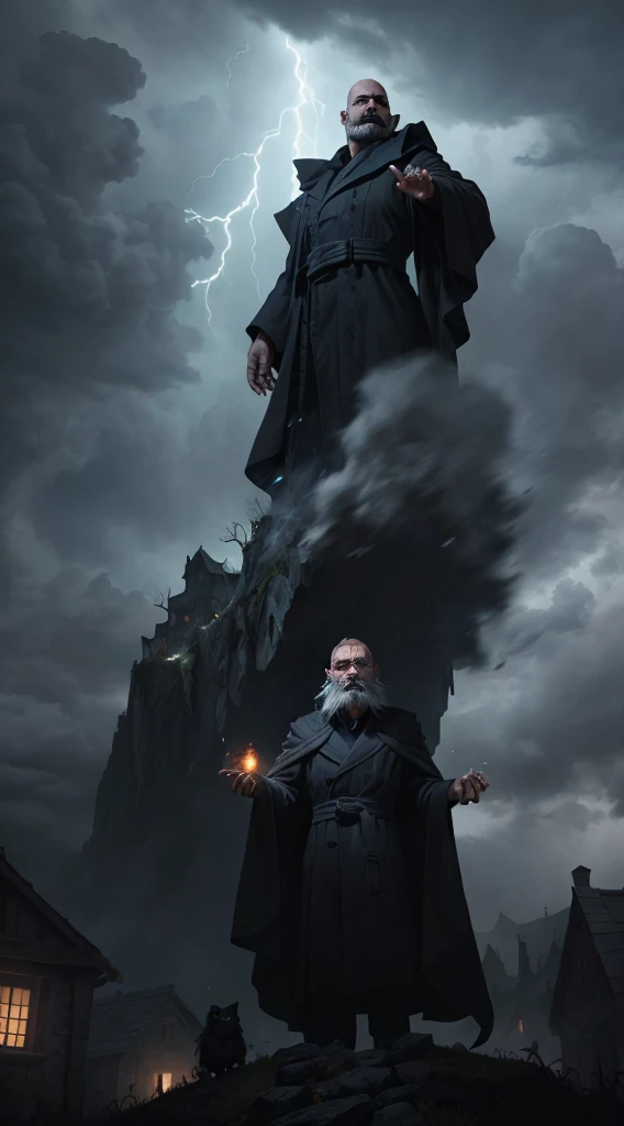An old, menacing sorcerer with long grey hair and grey beard, a dark robe, and glowing eyes stands on a high cliff overlooking a terrified village. The sky above is stormy with dark clouds swirling and crackling with lightning. Ghostly spirits hover menacingly in the air around him, drifting toward the village below. The sorcerer, with his hands raised, looks powerful and sinister as the villagers run in fear from the unleashed storms and spirits (detailed face) (ultrarealistic) (8k, best quality)
