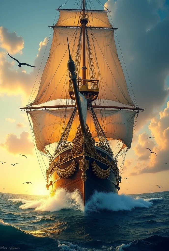 Draw a picture of the front of the ship with a gold necklace around it