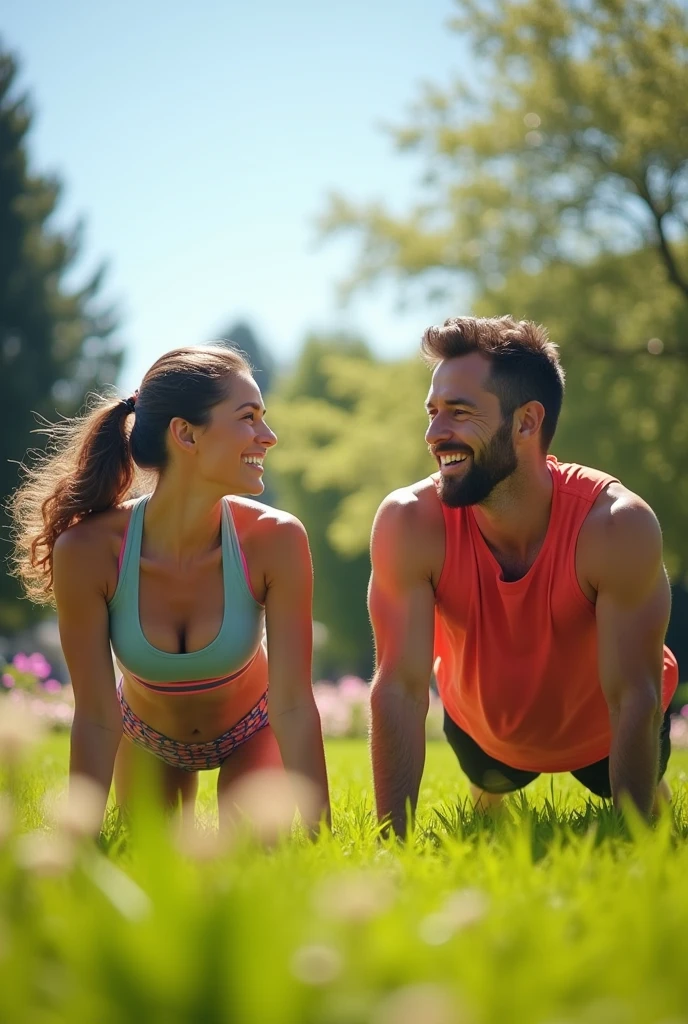 (photorealism:1.2), happy morning mother and father exercise poster,