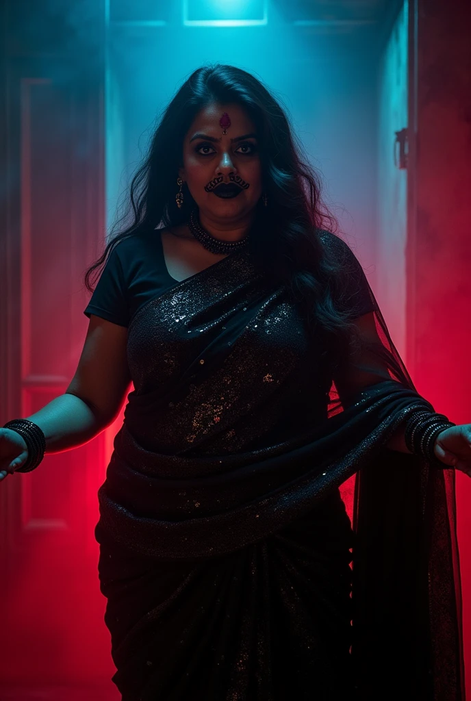 Looks like Aparna Dixit, full body Closeup shot, Big chubby aunty, milf, cougar lady witch, horny Gothic milf, 70 years old gorgeous mature lady, pervert demoness, demoness of lust, curvy, black lips, horny face, extremely gorgeous, thick figure, heavy physique, voluptuous, curvy, sexy figure, Fashionable portrait of androgynous alien looking witch wearing veil, glowing eyes, futuristic design, minimal details, givenchy, photoreal, 200mm, hd, f/ 2.0, highly detailed, surreal, sexy beautiful evil woman, sexy bold sequin Saree with strapless Bra, chudail, Pishachini, horror genre, blood-thirsty enchantress, powerful female spirit, eerie, drop dead, in the style of red and blue, (intricate details, hyperdetailed:1.15) (skin texture:1.2), dark Moody tone, cinematic lighting, haunted place in background,