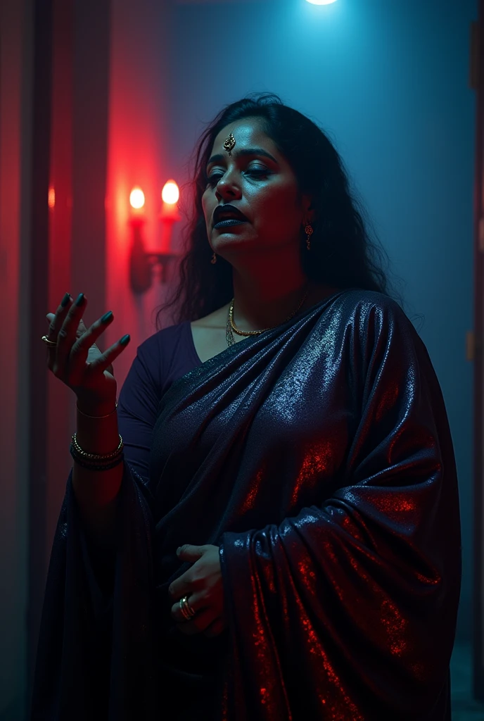 Looks like Aparna Dixit, full body Closeup shot, Big chubby aunty, milf, cougar lady witch, horny Gothic milf,  70 years old gorgeous mature lady, pervert demoness, demoness of lust, curvy, black lips, horny face, extremely gorgeous, thick figure, heavy physique, voluptuous, curvy, sexy figure, Fashionable portrait of androgynous alien looking witch wearing veil, glowing eyes, futuristic design, minimal details, givenchy, photoreal, 200mm, hd, f/ 2.0, highly detailed, surreal, sexy beautiful evil woman, sexy bold sequin Saree with strapless Bra, chudail, Pishachini, horror genre, blood-thirsty enchantress, powerful female spirit, eerie, drop dead, in the style of red and blue, (intricate details, hyperdetailed:1.15) (skin texture:1.2), dark Moody tone, cinematic lighting, haunted place in background, 