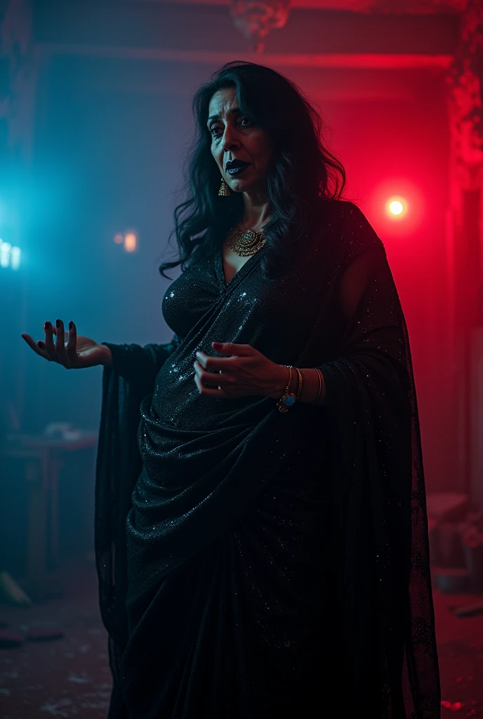 Looks like Aparna Dixit, full body Closeup shot, Big chubby aunty, milf, cougar lady witch, horny Gothic milf,  70 years old gorgeous mature lady, pervert demoness, demoness of lust, curvy, black lips, horny face, extremely gorgeous, thick figure, heavy physique, voluptuous, curvy, sexy figure, Fashionable portrait of androgynous alien looking witch wearing veil, glowing eyes, futuristic design, minimal details, givenchy, photoreal, 200mm, hd, f/ 2.0, highly detailed, surreal, sexy beautiful evil woman, sexy bold sequin Saree with strapless Bra, chudail, Pishachini, horror genre, blood-thirsty enchantress, powerful female spirit, eerie, drop dead, in the style of red and blue, (intricate details, hyperdetailed:1.15) (skin texture:1.2), dark Moody tone, cinematic lighting, haunted place in background, 