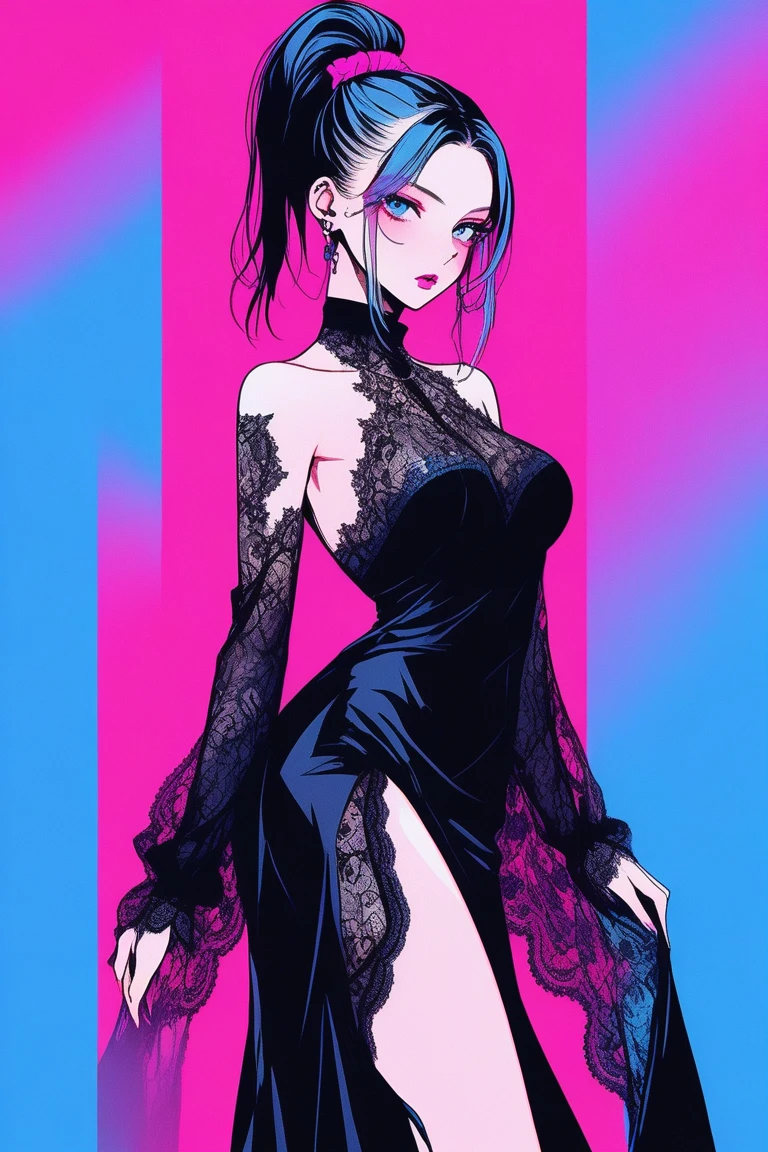 Illustrator, anime , Realistic ,sketch , 1 person, model, lip, A sheer, gothic black high-slit dress with lots of lace..., order, Blue and pink gradient background, Neon-colored ponytail, Big Breasts, whole body, look back, Sexy look, Sexy pose, Texture Trim, Russia, (masterpiece,Highest quality)