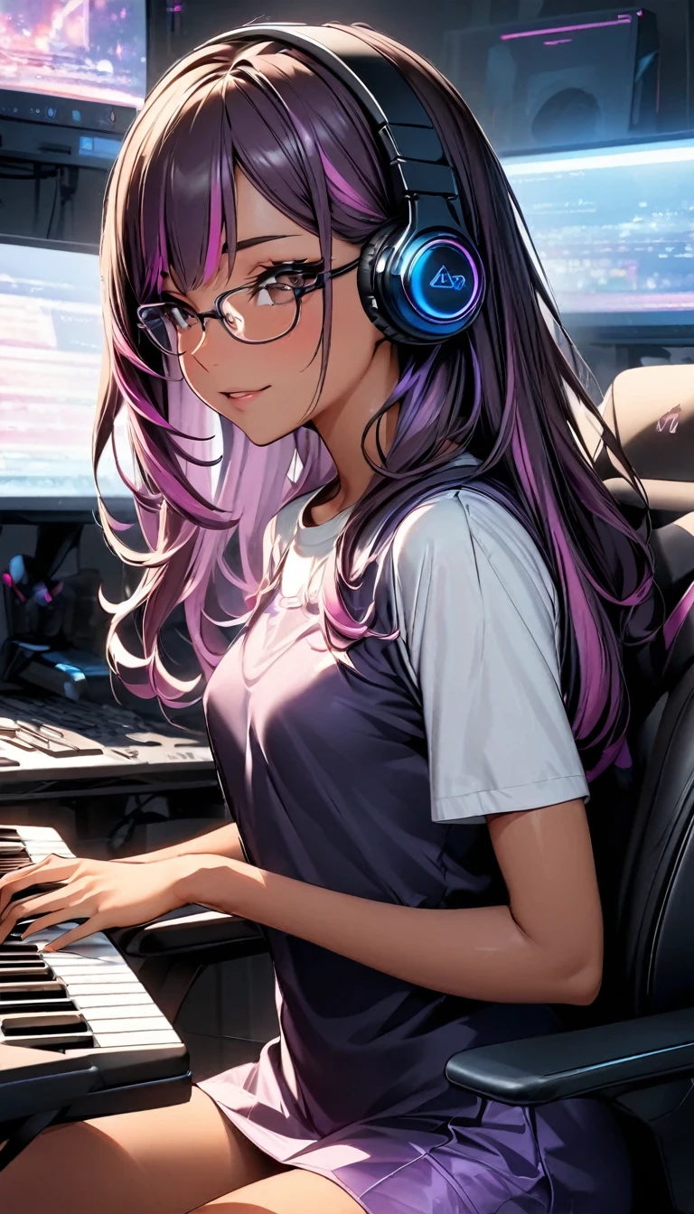 (highest quality:1.2, Very detailed, up to date, Vibrant, Ultra-high resolution, High Contrast, masterpiece:1.2, highest quality, Best aesthetics), Portraiture、girl, 25-years-old, Bright colors、Beautiful fine details、Beautiful lip detail, long hair、black and purple ((streaked hair:1.6)), highlights hair: 1.5, brown eyes, ((slim body:1.4)), (small breast:0.7), (dark skin:0.5), purple mini dress, ((wear headphone:1)), music composer, playing music keyboard on the desk, sitting gaming chair, glasses, side shot, (cowboy shot:1.1), (PC Displays on the side), upper body