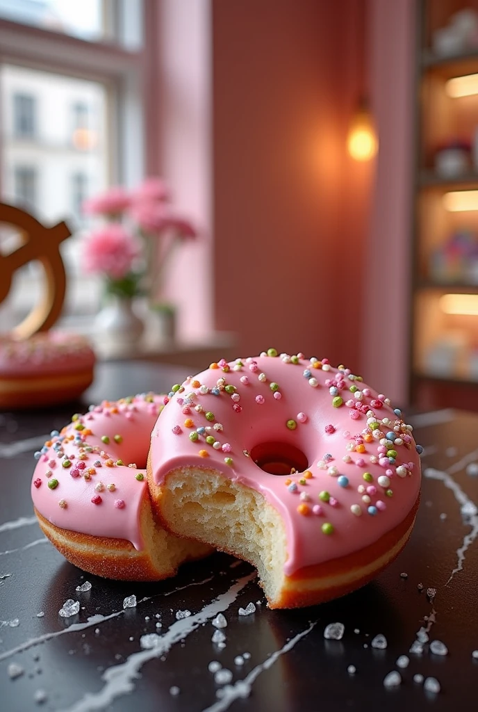 Coco chanel logo with 2 donuts with sprinkles bit into to create the c's